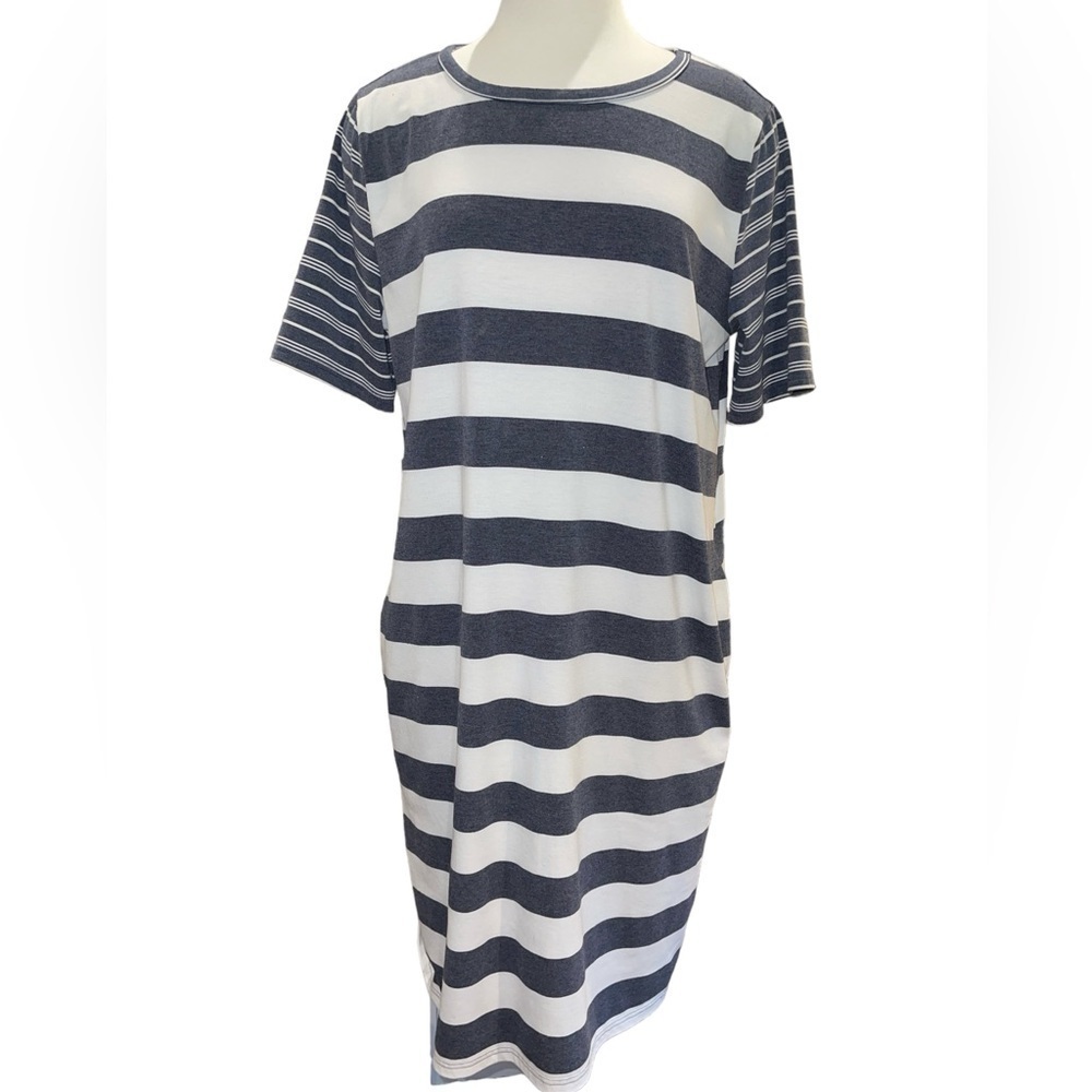 Polagram Women's Dress Size L Blue White Stripe Pullover Short Sleeve Casual